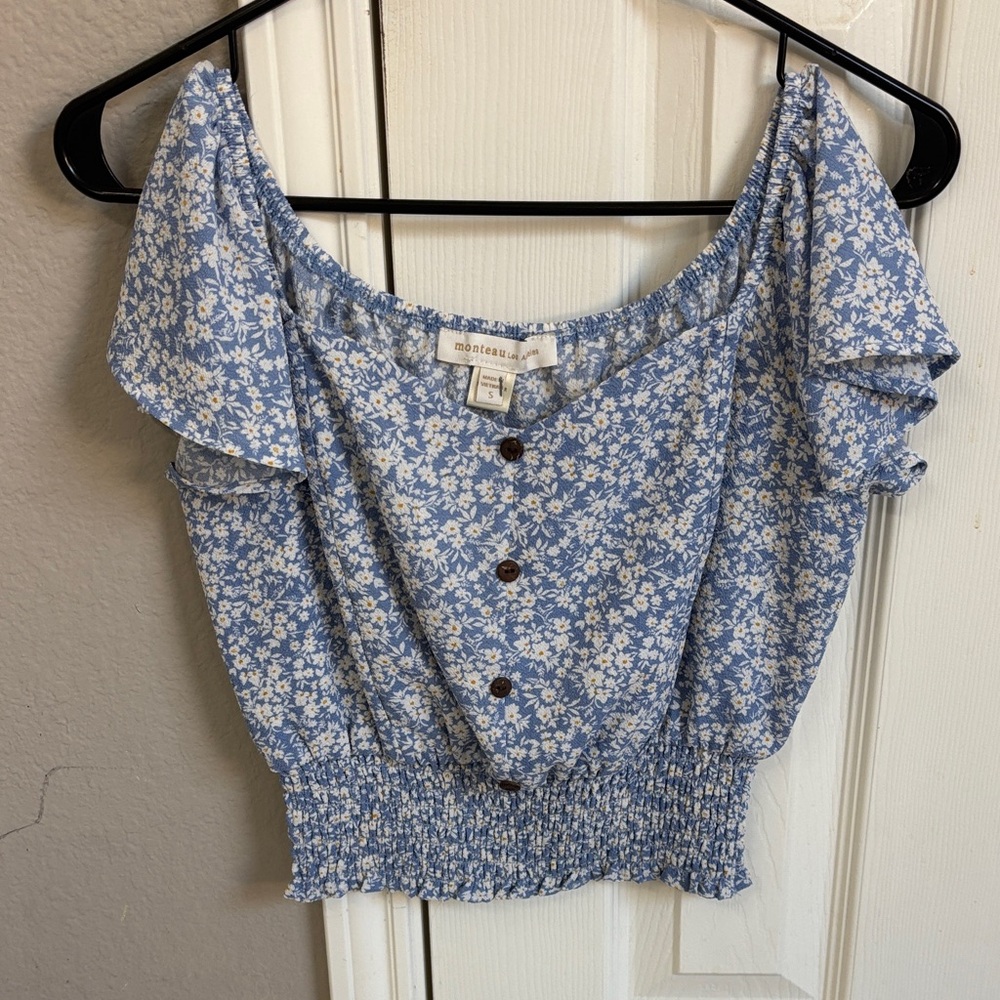 Monteau Blue Floral Button-Front Blouse